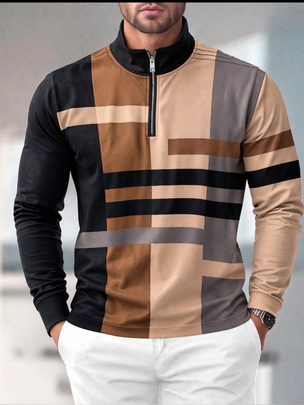 Duval Shirt Mens 2XL 1/2 Zip Polo Geometric Print Long Sleeve banded collar